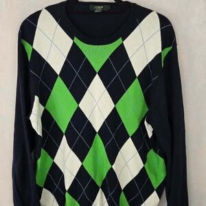 J Crew Mens Argyle Sweater Navy Green White Pima Cotton L Classic Preppy